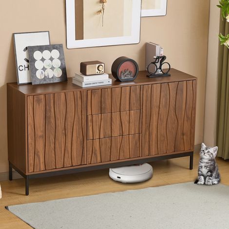 Sideboard 150cm Eiche dunkel gemasert, 3 Schubladen, großes Sideboard, Küchenschrank, einteilige Aussparung, Mid Century Modern Dekorativer Schrank für Küche, Wohnzimmer, Eingangsbereich, Flur