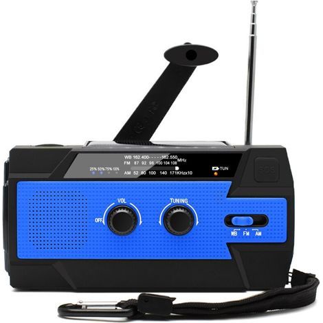 Radio Solaire à Manivelle Portable Radio Dynamo Rechargeable avec AM/FM/WB Batterie Rechargeable Intégrée 4000mAh 4 Modes Lampe de Poche LED Alarme SOS pour Urgence en Plein Air.bleu