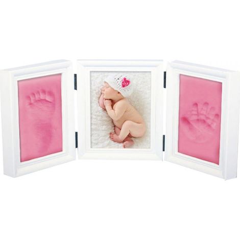 Kit de cadre photo empreintes de mains de bébé, cadeau idéal pour une baby shower, cadres en argile rose et bois blanc (1/4)