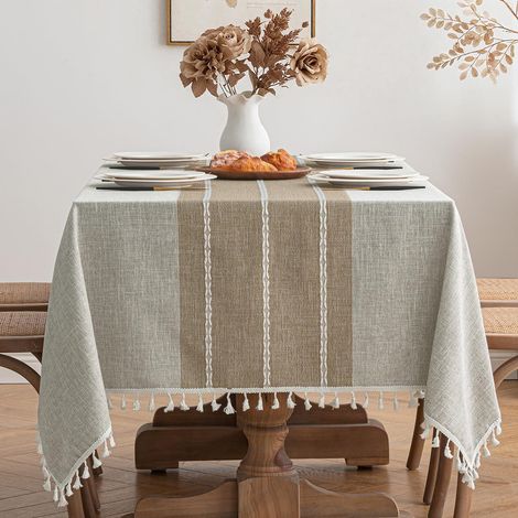 Tischdecke Leinenoptik Khaki Boho Streifen 140x240cm mit Quasten