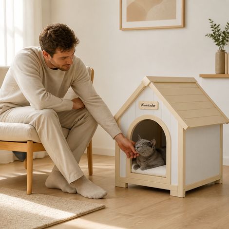 Confort Naturel Niche d'Intérieur Bois Massif FSC Peinture Non Toxique pour Chat et Petit Chien (1/5)