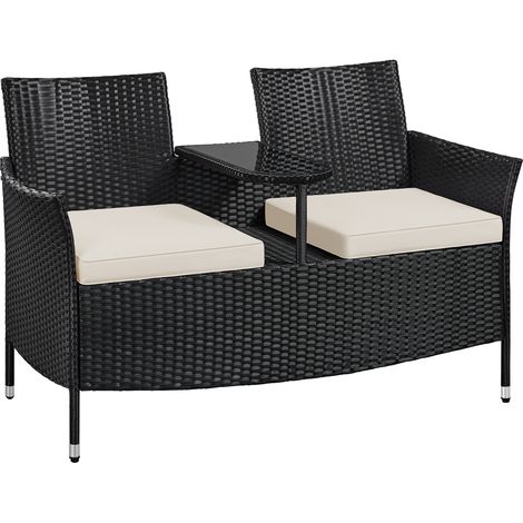 Yaheetech Divano da Giardino 2 Posti in Rattan PE, Poltrona con Portabicchieri in Vetro Temperato per Giardino Bordo Piscina Cortile Terrazza Nero/Beige (1/5)