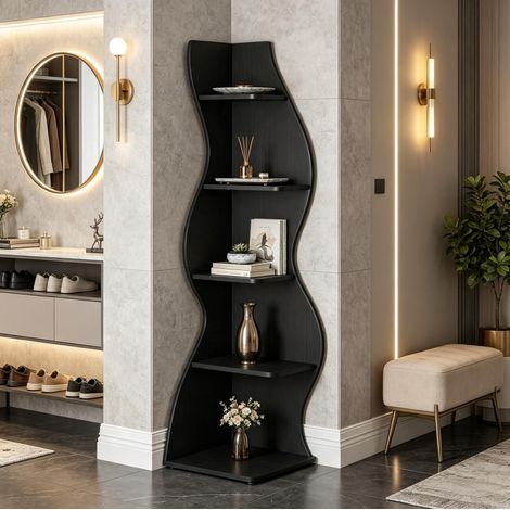 Étagère d'angle à 5 niveaux en bois noir, avec tablettes réglables, rangement vertical peu encombrant pour livres, objets déco et dossiers, salon, bureau ou entrée – CHICFURN (1/5)