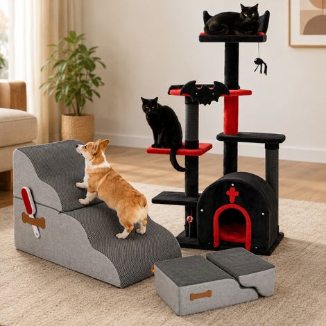 Conjunto «Gothic Cat Comfort» (2 piezas): árbol para gatos negro de 134 cm y cama con escalera convertible para mascotas (1/5)