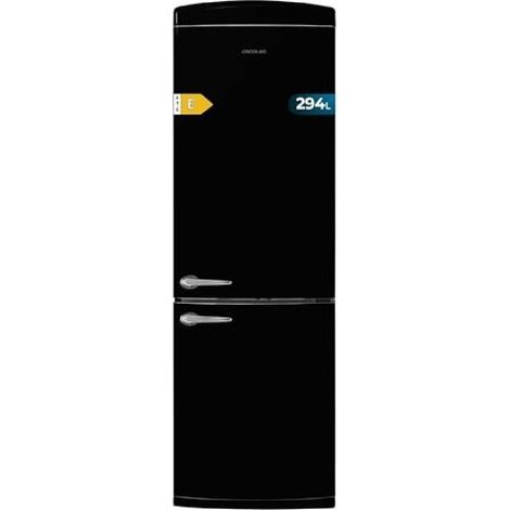 Schwarzer Retro-Kombikühlschrank mit einer Höhe von 186,5 cm und einer Breite von 54 cm, einem Fassungsvermögen von 250 L, Total No Frost und Klasse E und mit Multi Air Flow-System.