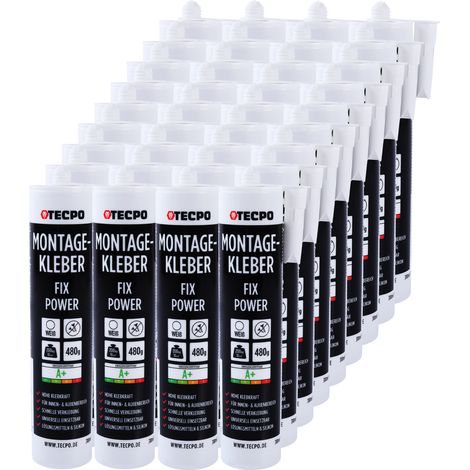 TECPO Montagekleber Fix Power, 36x 480g Universal Baukleber Kartuschen Kraftkleber 200kg 10 cm² für Akustikpaneele, Styropor, Sockelleite Innen und Außen schnelle Verklebung ohne Grundierung