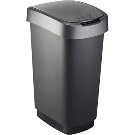 Poubelle de tri TWIST 50l H602xL298xP401mm noir couvercle bord argent foncé ROTHO (1/4)