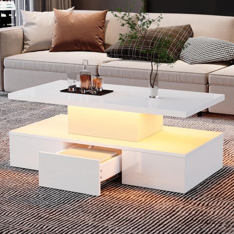 Table basse à deux niveaux pour le salon avec éclairage LED 16 couleurs, table de salon laquée brillante, console avec étagère ouverte et un tiroir coulissant, petite table d'appoint rectangulaire, bl