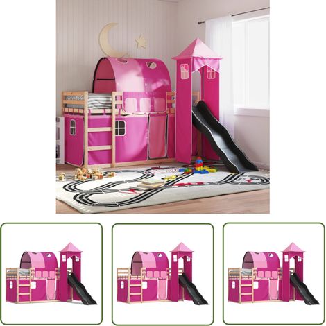The Living Store Etagenbett mit Rutsche und Gardinen Rosa 80x200 cm - Kinderhochbett - Holzbett - Etagenbett - Hochbett Mit Rutsche - Jugendzimmermöbel (1/5)