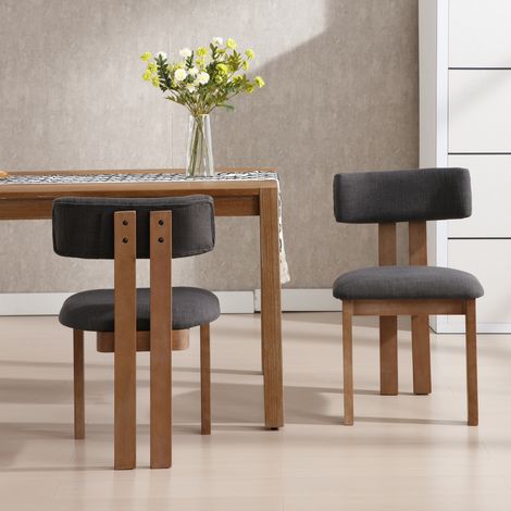 Wahson Lot de 2 chaises de salle à manger en lin – Dossier incurvé et assise large – Pieds en bois massif – Gris