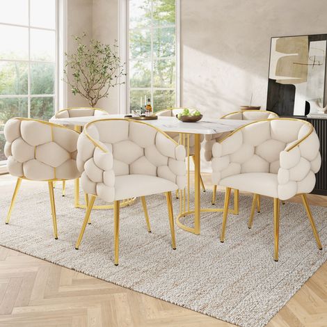 Ensemble de salle à manger (7 pièces), table de 140 x 80 cm avec 6 chaises, ensemble moderne pour la cuisine, chaises avec pieds en métal doré, table moderne avec plateau en marbre et pieds dorés