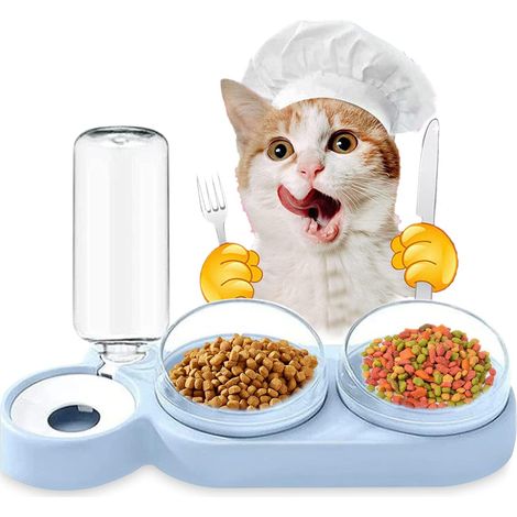 Double Gamelle Chat et Chien Surélevée, 3 en 1 Distributeurs Automatique d'eau et Nourriture pour Animaux de Compagnie, Incliné à 15°Double Bol de Nourriture, pour Les Chats et Les Chiots (Bleu) (1/5)