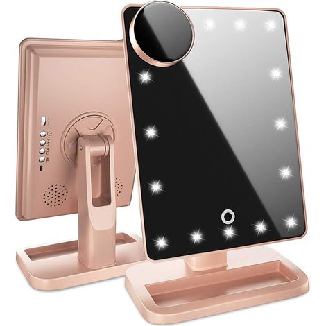 Miroir de maquillage lumineux Bluetooth avec écran tactile, haut-parleur sans fil, lumière à intensité variable, grossissement x10 amovible et batterie rechargeable. (1/5)