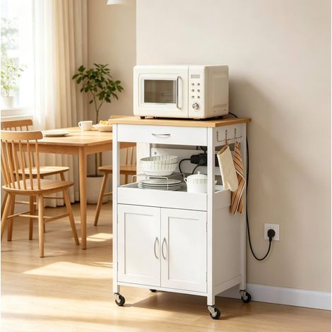 Carro de cocina 60x45x92 cm MDF blanco efecto bambú, enchufes, ahorro de espacio – MEUBLIV (1/5)