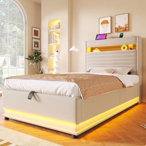 Lit coffre 90x200 avec rangement hydraulique & led, lit capitonné avec usb-c & app, design moderne en lin, sommier inclus, gain de place - beige (1/5)