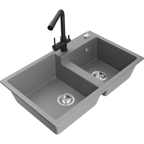 Mexen Tomas évier de cuisine en granit 2 bacs avec robinet Duero, gris - 6516-71-671600-70 (1/5)