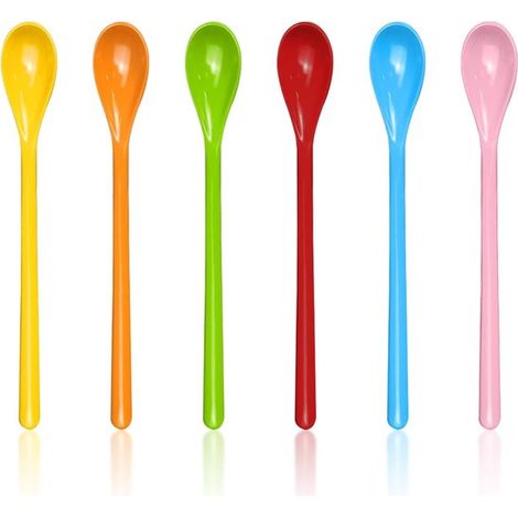 6 cucharas con mangos largos - cuchara de plástico - colorida - cuchara larga para huevos - cuchara de café - aptas para la cocina y la cafetera (1/5)