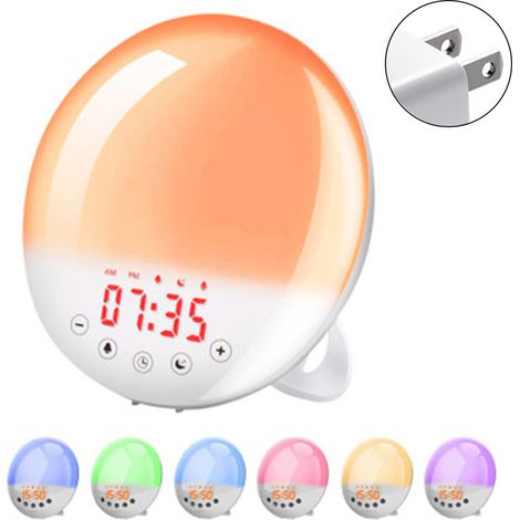 Réveil lumineux simulateur d'aube, veilleuse de chevet 7 couleurs avec simulation de lever/coucher du soleil, double alarme, fonction snooze, radio FM et 7 sons naturels, cadeau idéal pour enfants et 