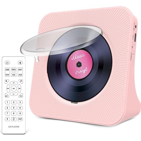 Lecteur CD Portable avec Bluetooth 5.0,CD-Musique-avec-Télécommande,Haut-Parleur Son HiFi,Protection Contre la poussière,Ecran LED,Radio FM,Supporte AUX/USB,Prise Casque pour Cadeau (Rose) (1/5)