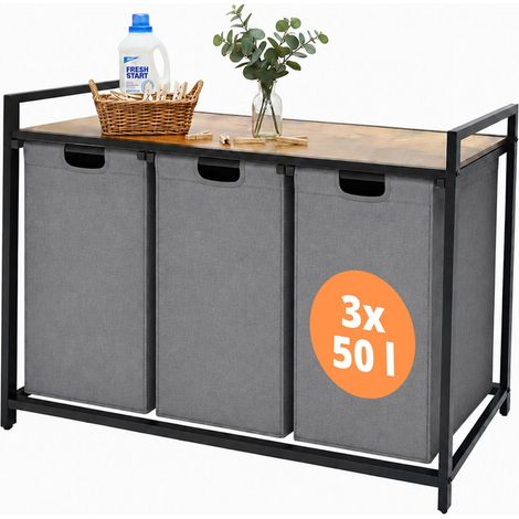 Relaxdays Wäschesammler mit 3 Wäschesäcke, 150 L, Holzoptik Ablage, HBT: 73,5 x 109,5 x 33 cm, Wäschekorb, grau/natur (1/5)