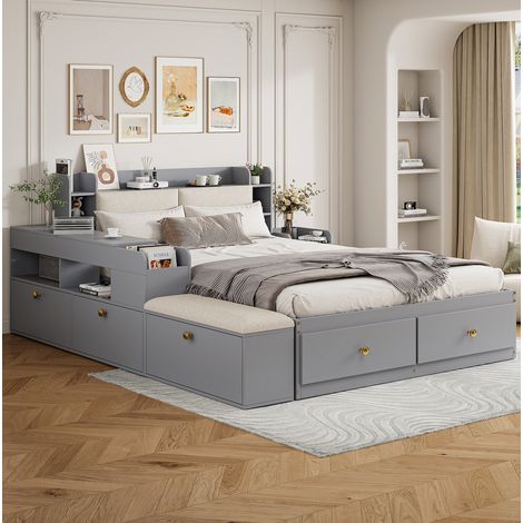 Cama doble de madera gris 140x200 cm con almacenaje integrado, cabecero tapizado y somier de láminas (1/5)