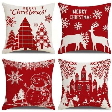 Housses de Coussin Joyeux Noël Lot de 4 Taie d'oreiller l'hiver Noël Wapiti Château Bonhomme de Neige Modèle Décoration pour Canapé Chambre Maison 45 x 45 cm (1/5)
