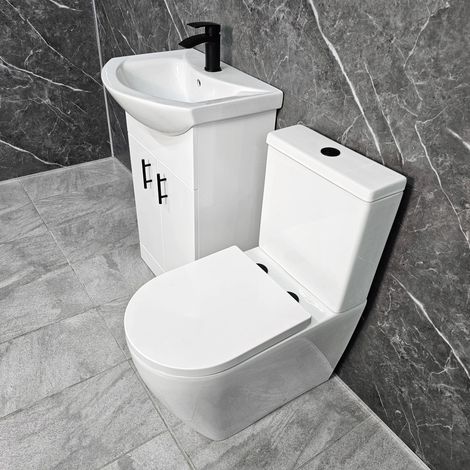 White Vanity Unit with Black Handles 550mm Closed Back Tornado Toilet Suite, Without Tap & Waste
