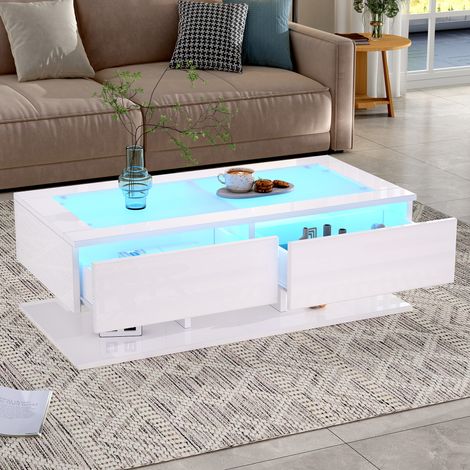 Mesa de centro 100x50x35 cm blanca en tablero de partículas y vidrio templado con 2 cajones y LED (1/5)