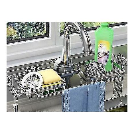 Küchenablage aus Aluminium für Spülbecken, Schwammaufbewahrung, Wasserhahnhalter, Seifenablage, Korb-Silver Double  Slot
