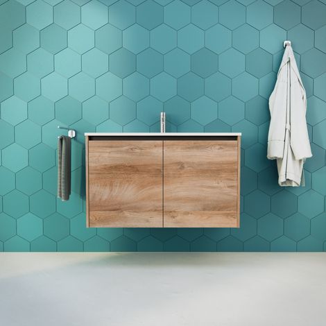 Inda - Badezimmerschrank B.100 mit glänzendem Waschbecken / Natureiche 2 Türen - Saphir