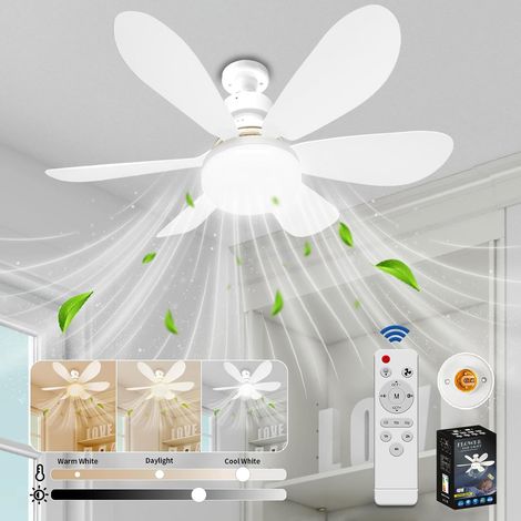 Deckenventilator mit Licht und Fernbedienung, dimmbarer LED-Deckenventilator mit integrierter 40-W-E27-Lampe, 6 Flügel, 3 Geschwindigkeitsstufen, leise, für Wohnzimmer, Schlafzimmer (Weiß) [Energiekla (1/5)