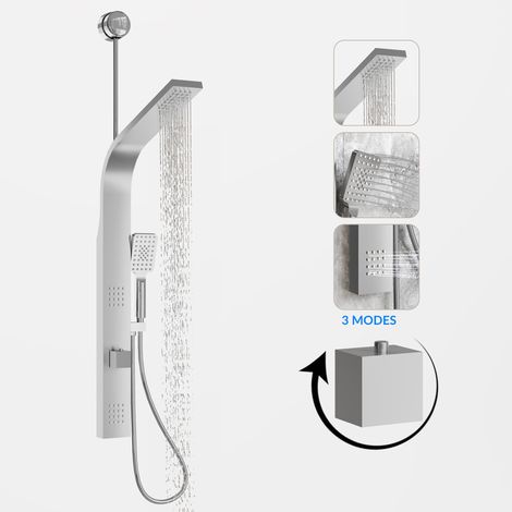Colonne de douche panneau fixé au mur en inox - Pluie & cascad,Douchette à main carrée à trois fonctions, finition brossée (1/5)
