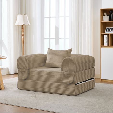 Lit banquette 1 place convertible 33x33x95 cm, fauteuil gain de place, tissu côtelé marron (1/5)