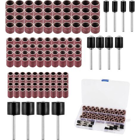 132 Pièces Kit de Ponçage Professionnel 120 Bandes Abrasives + 12 Mandrins Tambour pour Outils Rotatifs Grain 60-240 pour Bois, Métal & Plastique Boîte de Stockage Offerte (1/5)