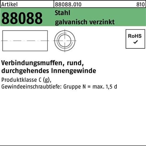 Manchon de raccordement R 88088 rond FF M10x30x13 Acier galv. travers. IG 100p.