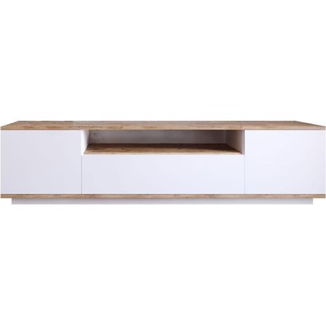 Meuble TV 3 portes blanc & effet bois 180 cm - Ravia