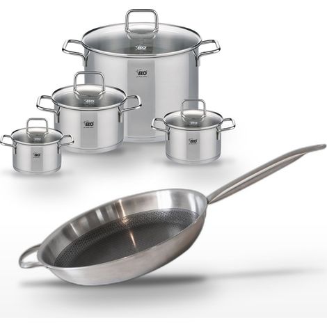 Lot de 4 Faitouts en inox Elo Relief Solution 14/16/20/26 cm et Poêle 32 cm (1/5)