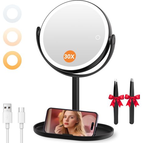 Miroir Grossissant Lumineux Rechargeable 1X/30X, Noir Batterie 2000 mah, rotation 360°, commande double face, 3 lumières de couleur, LED à intensité variable, idéal pour chambre (1/5)