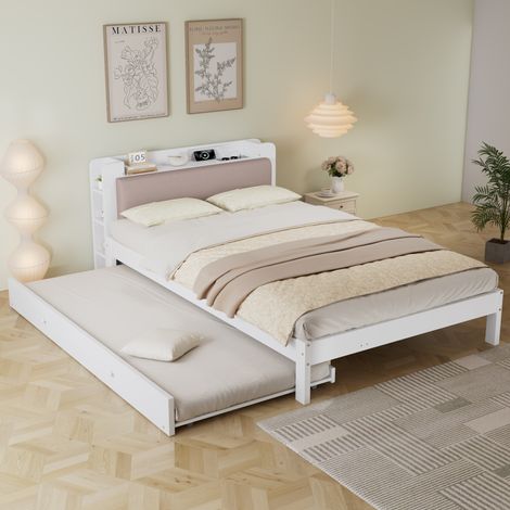 Lit gigogne 120x200 90x190 blanc bois rembourré rangement (1/5)