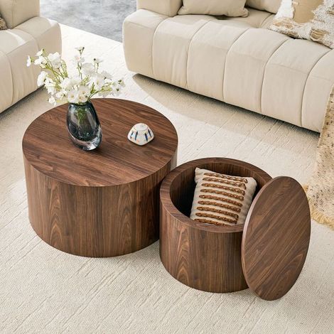 Table basse avec rangement diamètre 44 cm diamètre 44 cm lot de 2 pièces format rond aspect bois mdf plateau amovible espace creux (1/5)