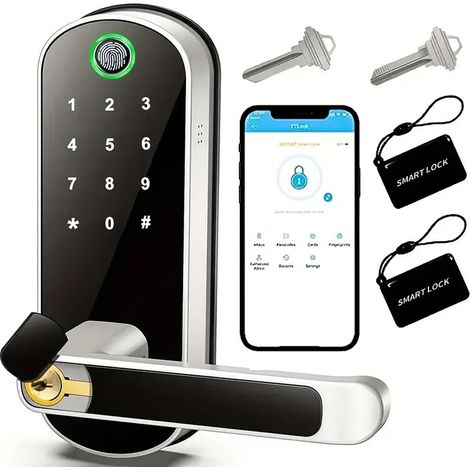 Serrure à empreinte digitale à une seule languette, serrure à code connectée pour porte intérieure en bois, verrouillage complet, argentée, application de contrôle à distance (1/3)