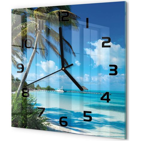 Horloge Murale Carrée Décoration Murale Verre Trempé Design Artistique Plage tropicale 30x30 cm (1/5)