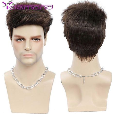 Perruques pour hommes Y Demand, perruque synthétique intégrale, cheveux bruns ondulés, coupe pixie, cheveux courts, aspect duveteux, perruque réaliste en fibres de haute qualité, usage quotidien