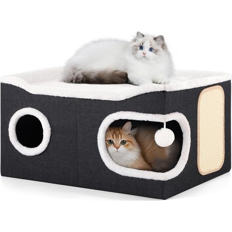 1 - Niche pour chat - Maison pour animal - Pliable avec griffoir et jouet - Pour intérieur et salon - Noir-Gris - 61x45x32 cm (1/5)