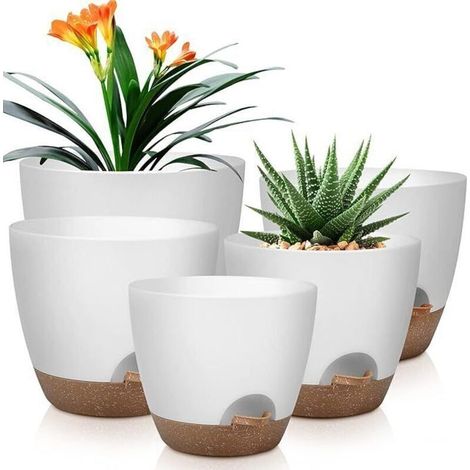 Pots 5 Pcs Fleurs en Plastique, 18/16.5/15.2/14/12.7cm Pots à Fleurs/Plantes en Plastique, Auto-Arrosant avec Soucoupe de Fleur Convient aux Jardins (1/4)