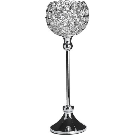 Bougeoir à Pied en Métal et en Verre Argenté pour Bougies Piliers Parfait pour Décorer Table de Salon ou Cheminée au Style Moderne Beliani (1/5)