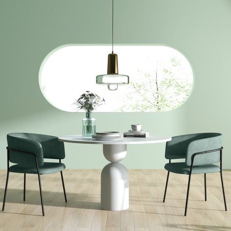 Juego de 2 sillas de comedor con patas de acero y asientos tapizados en tela con aspecto de terciopelo, color verde.