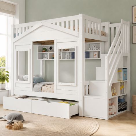 Lit superposé enfant 90x200 cm avec escalier de rangement à droite, tiroir sous lit, étagères ouvertes, pin blanc (1/5)