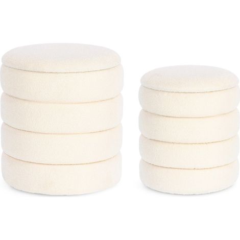 Lot de 2 poufs rond 33,5 et 40 cm en tissu bouclette blanc - SHERPA (1/4)