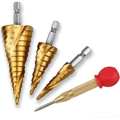 Foret Etagé - HSS Acier Inoxydable Revêtu Titane - 4-12 mm / 4-20 mm / 4-32 mm - Pour Perçage Alésage Chanfreinage Ébavurage - 3 Pièces